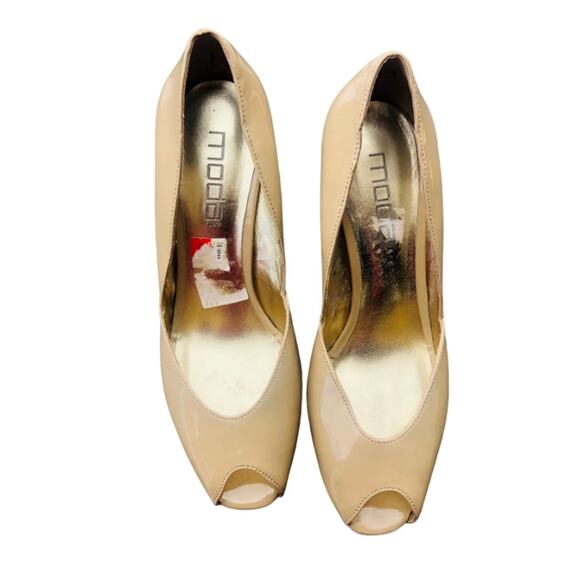 Moda Womens Tan Patent Leather Peep Toe Wedge Slip On Heels Shoes Size 10 - Picture 4 of 10